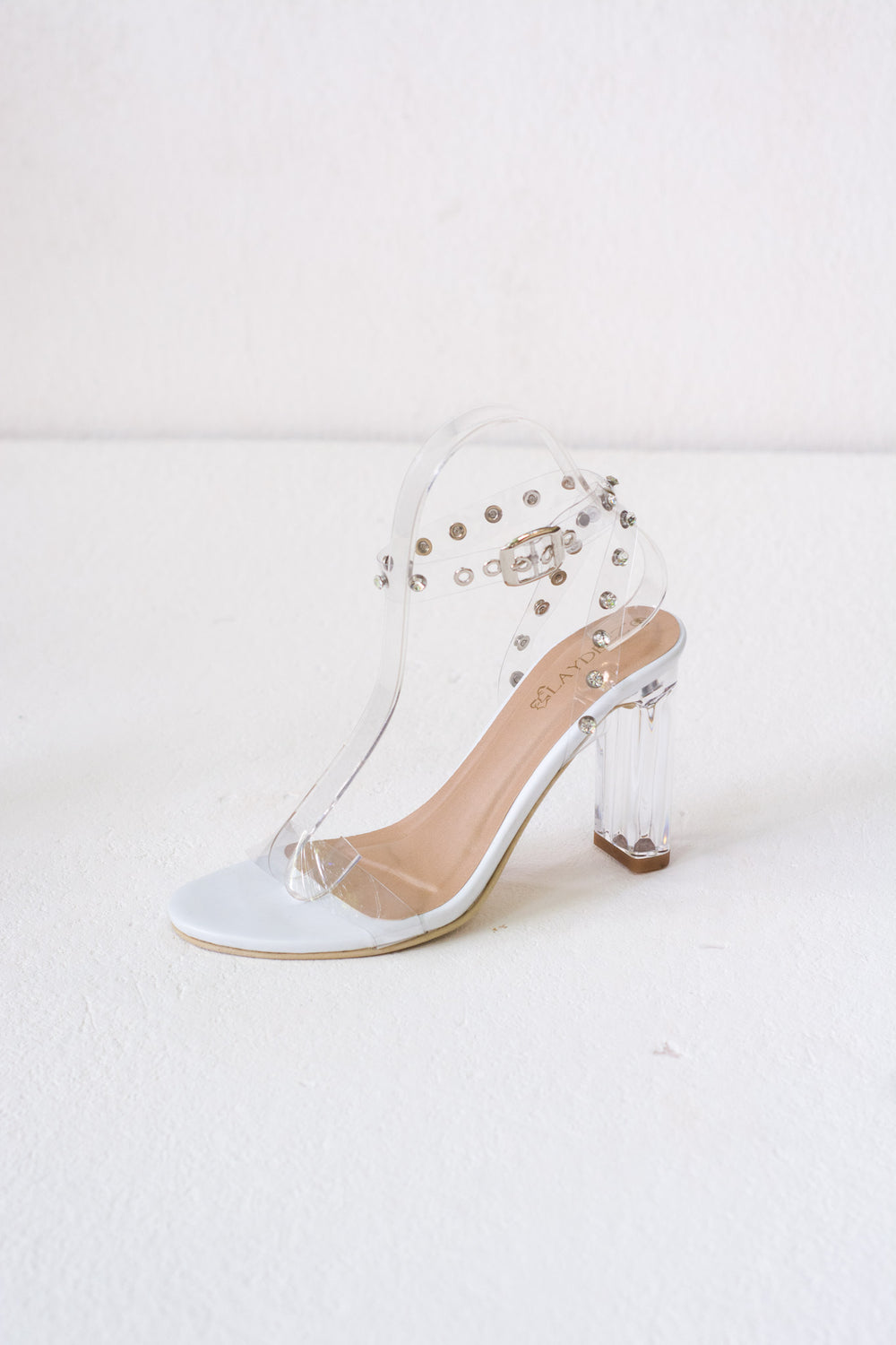Laydeez Transparent Studded Open Toe Glass Heels