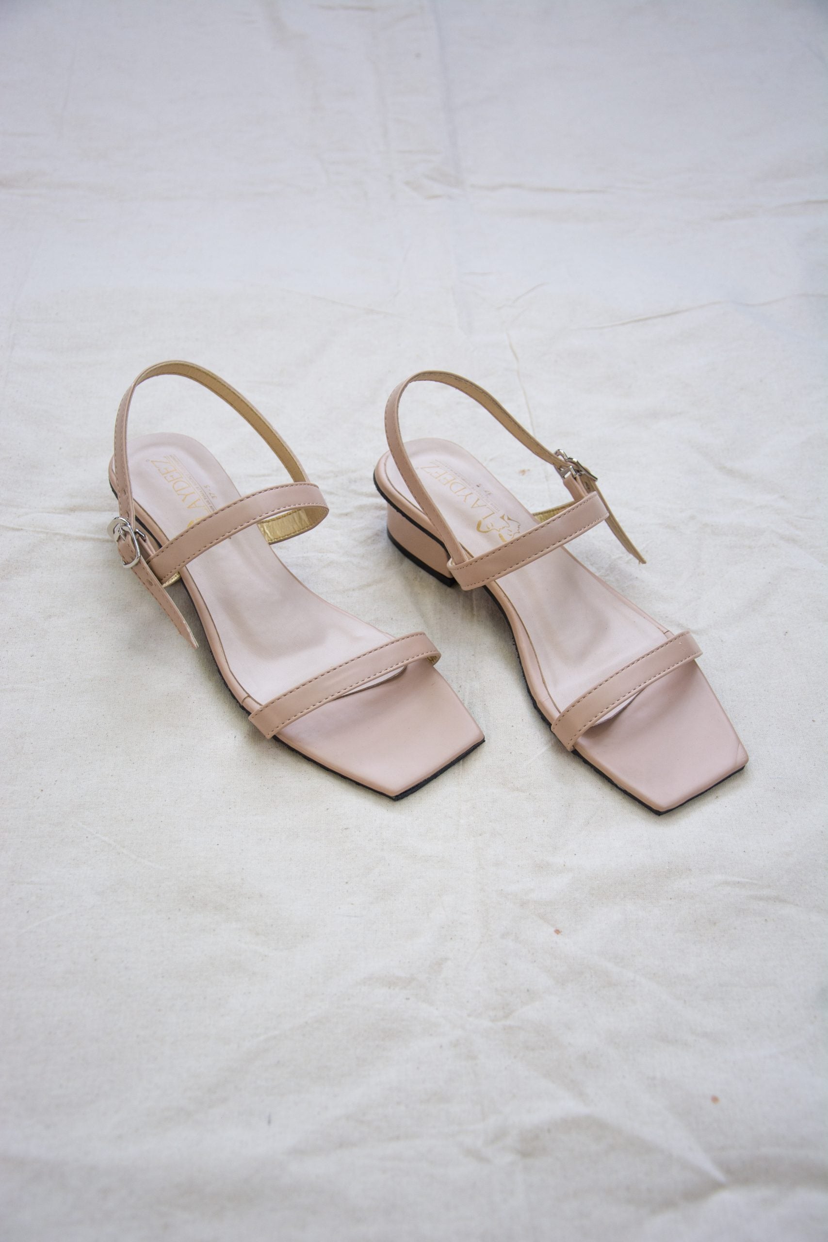 Laydeez - Square Toe Two Strap Low Blocks - Beige Color